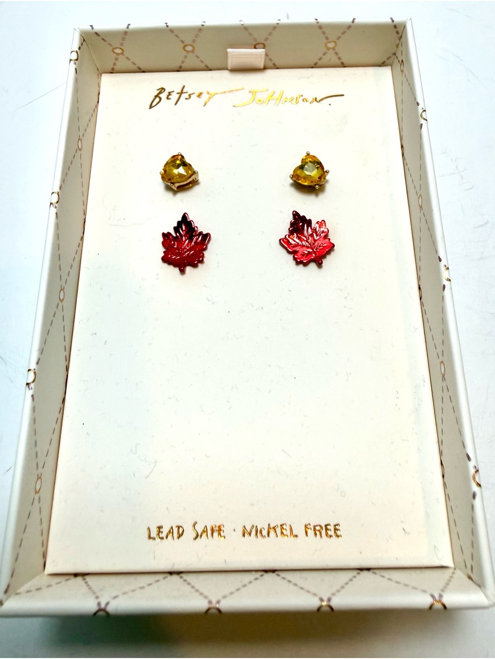 * Betsey Johnson Red Maple Leaf and Yellow Crystal Stud Earrings Set